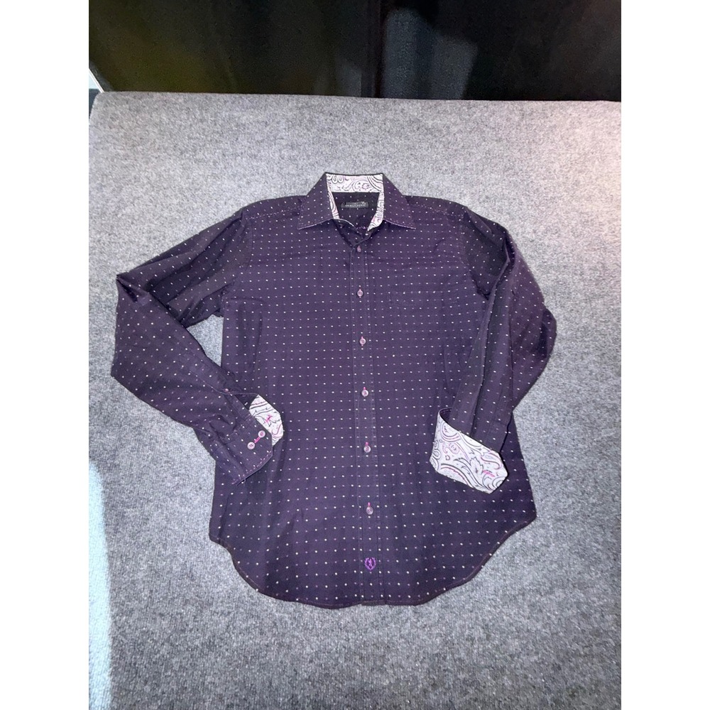 Bugatchi Uomo Mens Purple Geometric Dot Paisley Trim Button Down Shirt Size LS